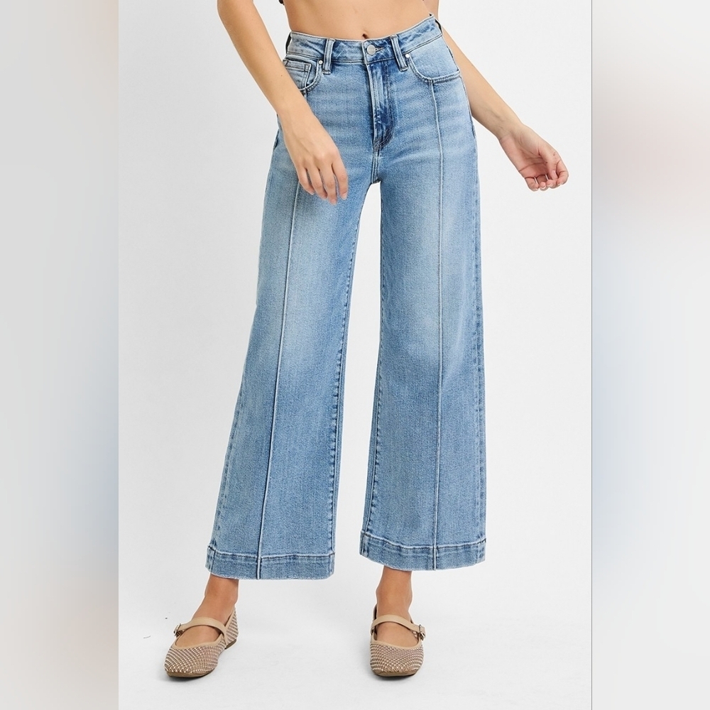 Risen High Rise Light Wash Wide Leg Cropped Ankle Jeans Front Seam Various NEW - Picture 6 of 6